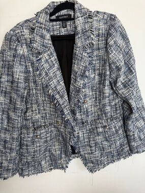 Ellen Tracy Blue and White Tweed Frayed-Hem Double-Breasted Blazer